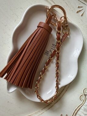 Brown Faux Leather Tassel Keychain with Gold Chain